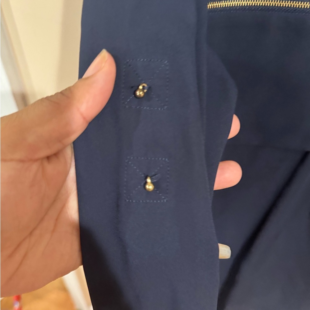 Express Women's Navy Blouse with Gold Zipper Details - Picture 11 of 13